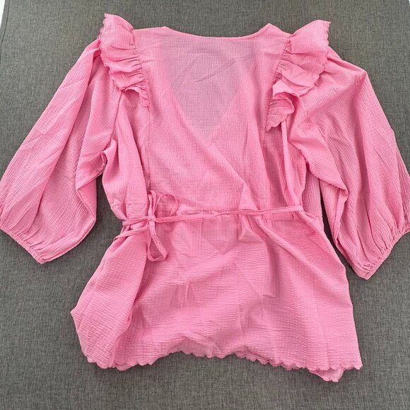 NEW! VERO MODA Wrap Blouse Pink Sz 18‎ UK Fashion Puff Ruffles Shoulders V-Neck - Picture 11 of 14